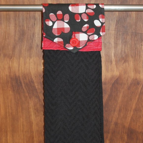 DOG PAW PRINT BLACK & RED BUFFALO CHECK HANDMADE HANGING KITCHEN BLACK HANDTOWEL - Picture 2 of 4